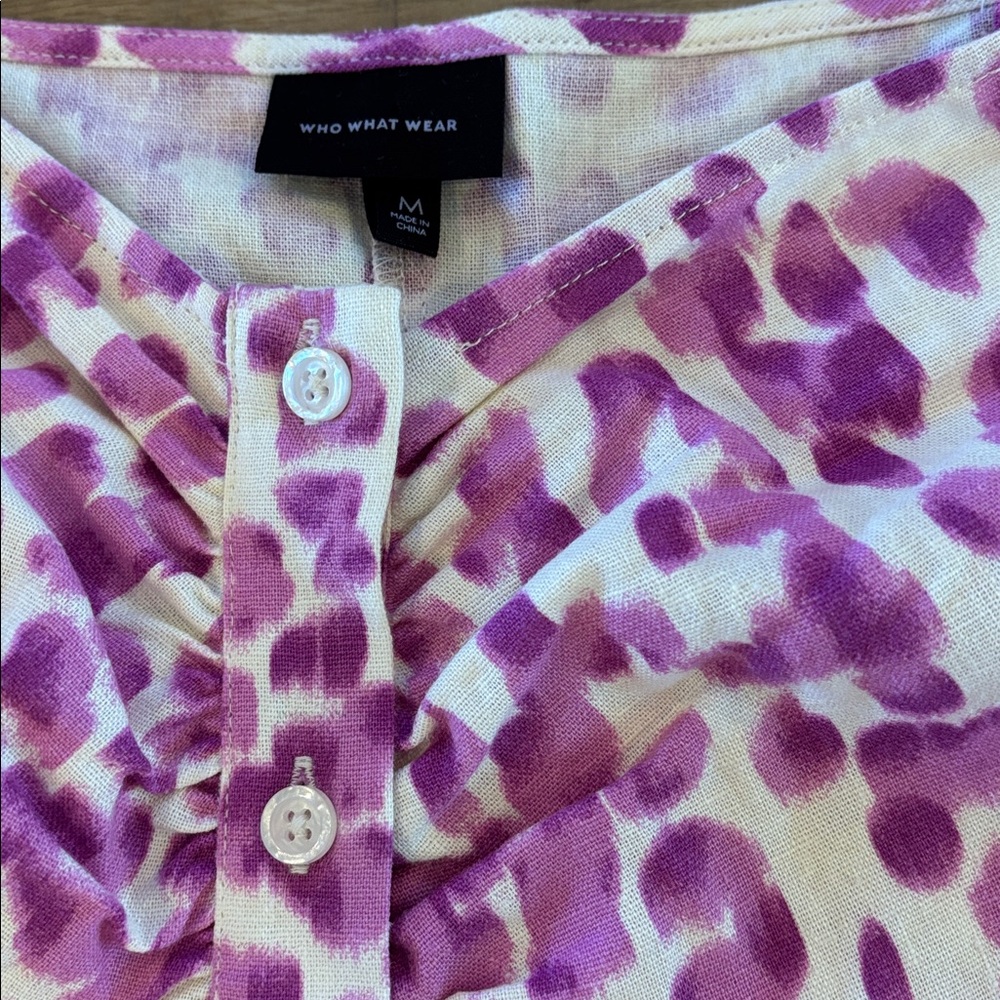 Who What Wear Violet Animal Print Spring Summer Puff Sleeve Dress Linen Medium - Picture 4 of 9